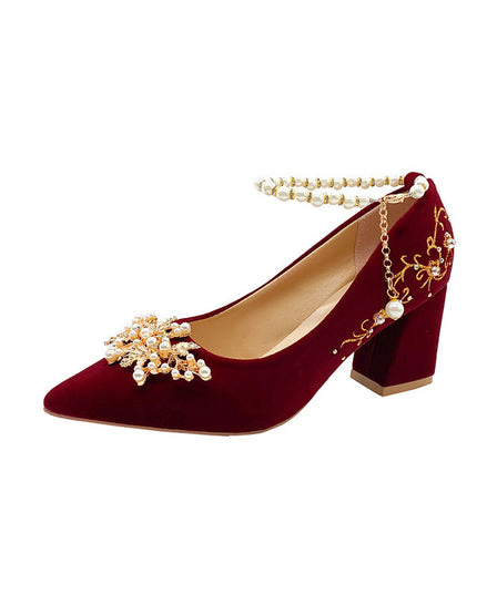 Wine Red Pointed Toe Chunky Heel Wedding Shoes For Women