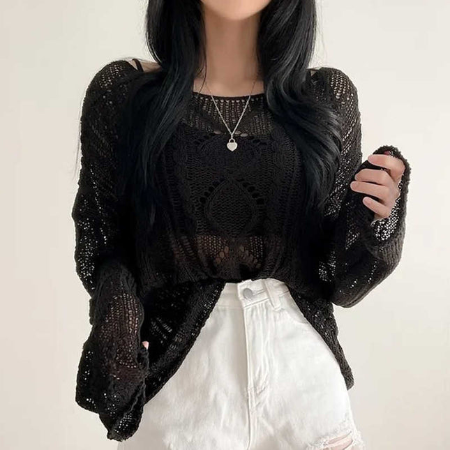 Hollow Jacquard Sun Protection Shirt Knitted Blouse Women Loose Thin Top