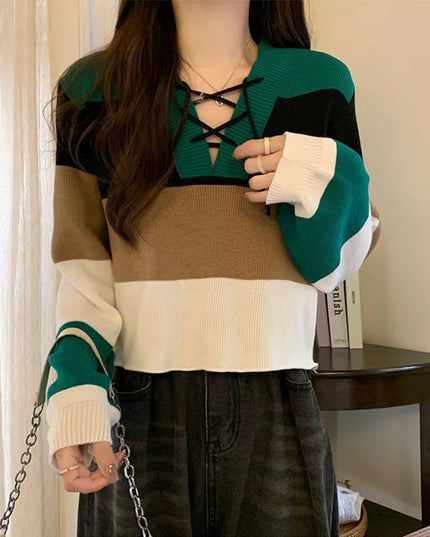 V-collar Contrast Color Short Long-sleeved Sweater Women's Striped Binding Rope Slimming Slim Fit Petite Top