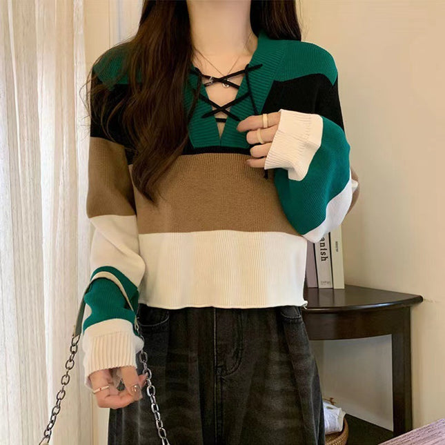 V-collar Contrast Color Short Long-sleeved Sweater Women's Striped Binding Rope Slimming Slim Fit Petite Top