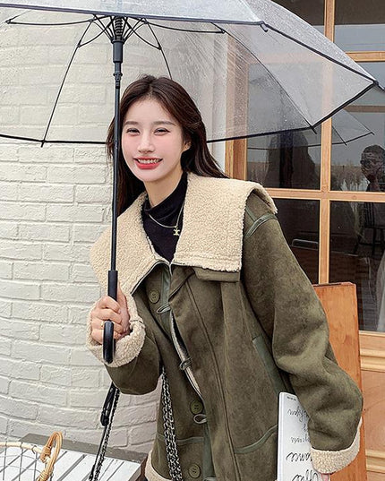Women's Korean-style Retro Green Suede Lambswool Coat