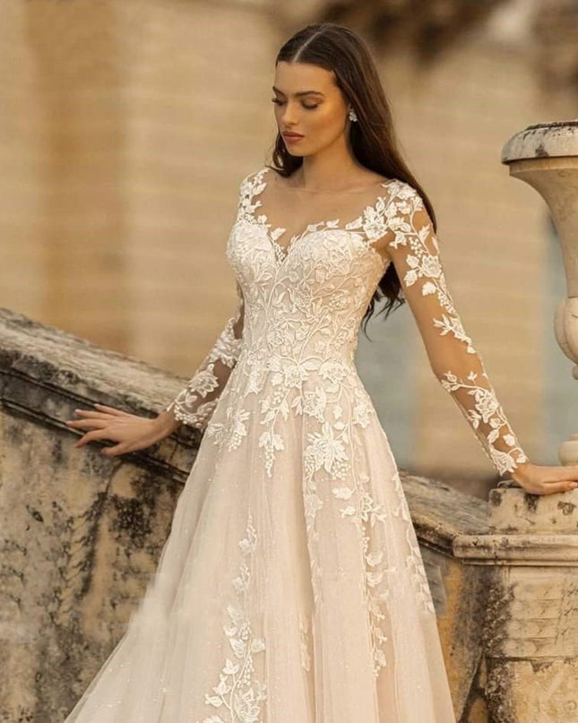Long Sleeve Wedding Dress Mori Style Bridal Simple Round Neck