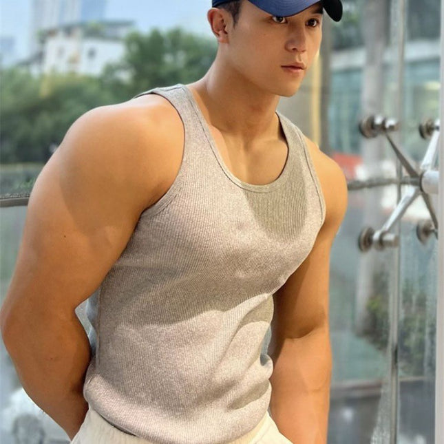 American-style Thick Thread Fitted Stretch Men's Sports Sleeveless T-shirt