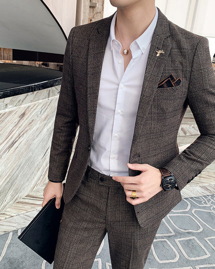 Men's Casual Suit Fashion Plaid Two-piece Set