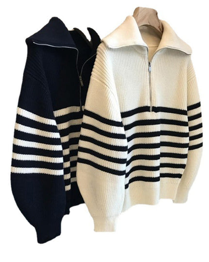 Lapel Half-open Zipper Contrast Color Striped Pullover Sweater