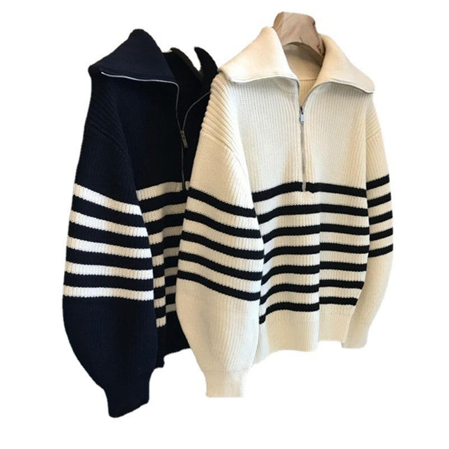 Lapel Half-open Zipper Contrast Color Striped Pullover Sweater