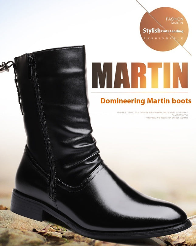 Pointed Leather Boots Men's British Korean High-top Leather Shoes Mid-calf Length