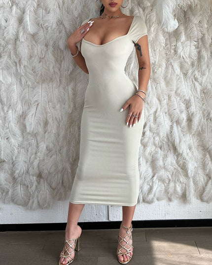 One Line Neck Ribbed Long Dress Short Sleeve Maxi