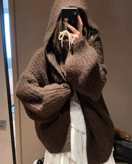 Retro Maillard Hooded Sweater Cardigan For Women