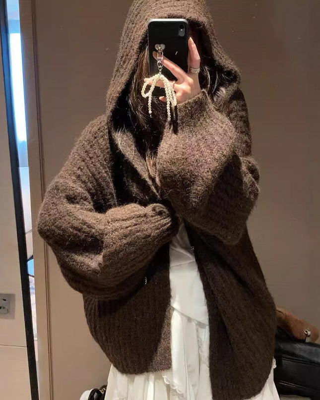 Retro Maillard Hooded Sweater Cardigan For Women