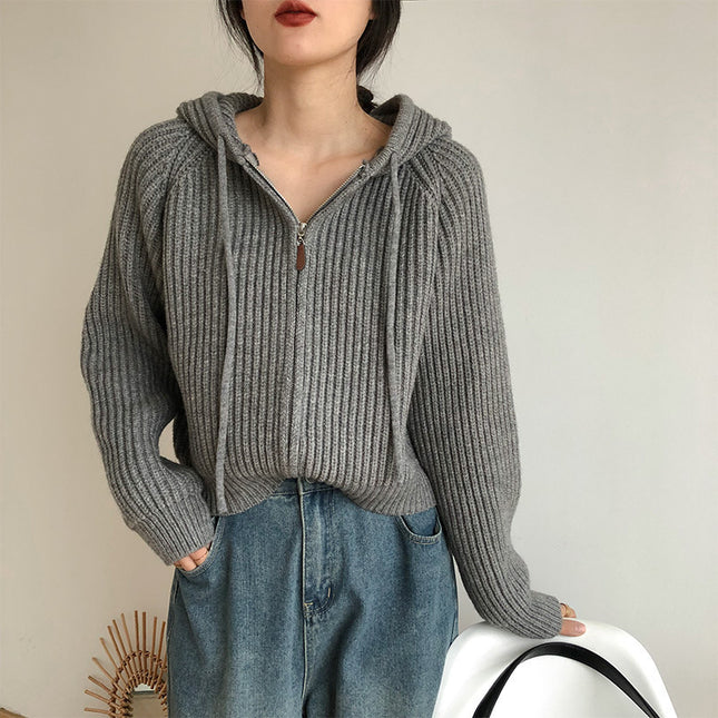 Korean Simple Short Hood Cardigan Wool Sunken Stripe