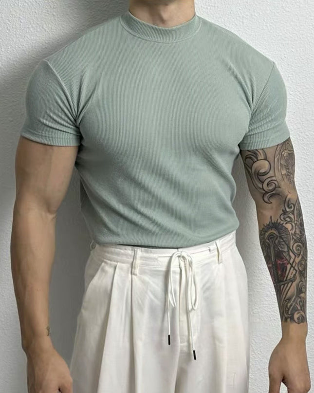 Men's American-style Pure Color Half Collar Thread Stretch T-shirt Top