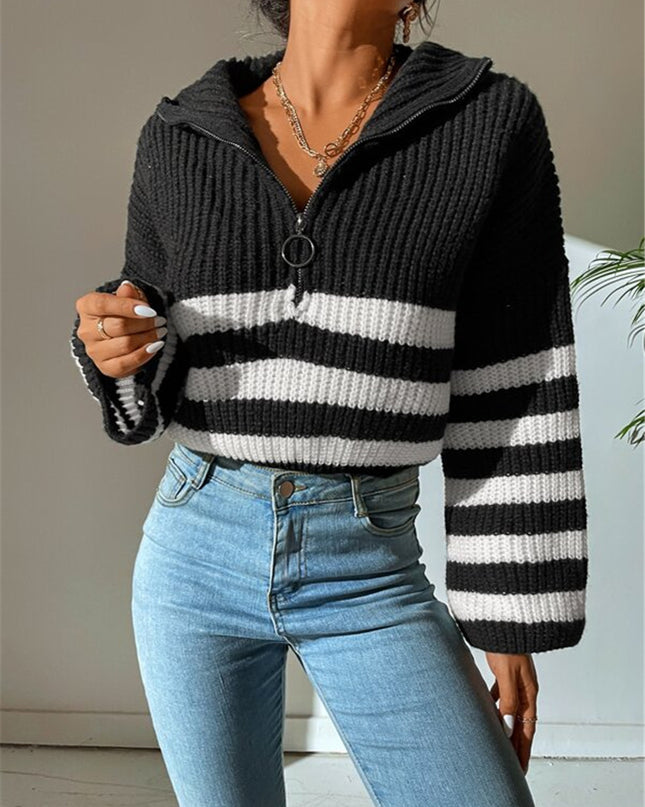 New Striped Contrast Color Stand-up Collar Knitted Pullover Sweater Outerwear Women