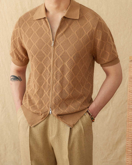 Cotton Zipper Hollow Short Sleeve Lapel Cardigan Casual Top