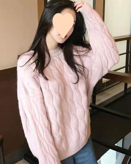 Autumn And Winter Female Students Fleece-lined Thickened Cable-knit Sweater