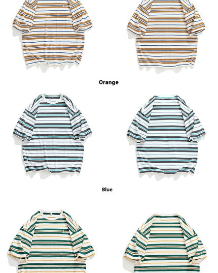 Men's Retro Contrast Color Striped Loose All-match Short Sleeve