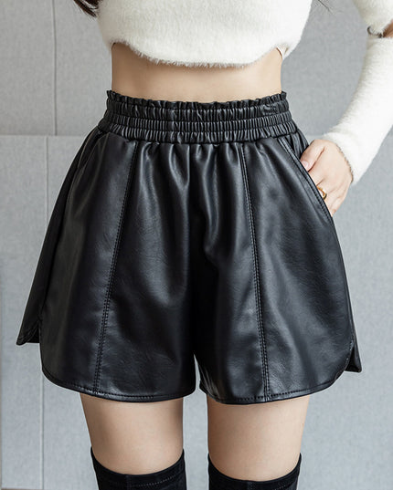PU Leather Elastic Waist Autumn And Winter A- Line Small High Waist Slimming Outside Wear Casual Shorts