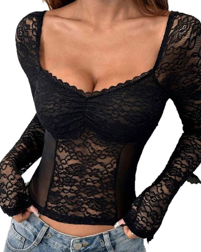 European And American Women's V-neck Long Sleeves Cropped Lace Short Top