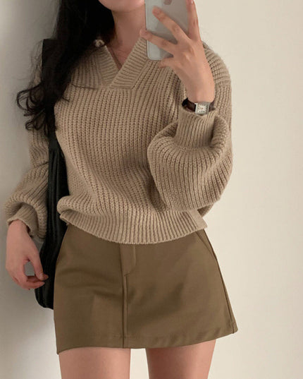 Women's V-neck Lapel Long-sleeved Sweater Slim Fit Slimming Sweater