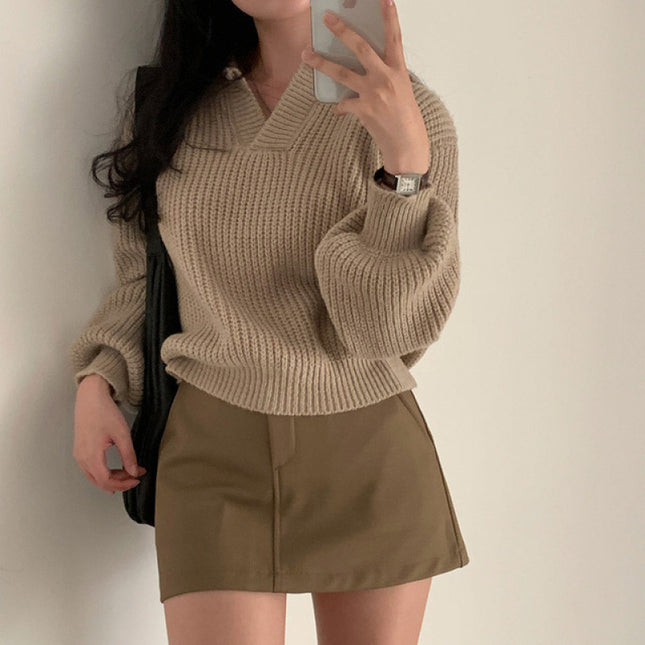 Women's V-neck Lapel Long-sleeved Sweater Slim Fit Slimming Sweater