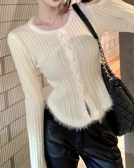 Women's Square Collar Stitching Edging Knitted Cardigan Autumn Winter Coat