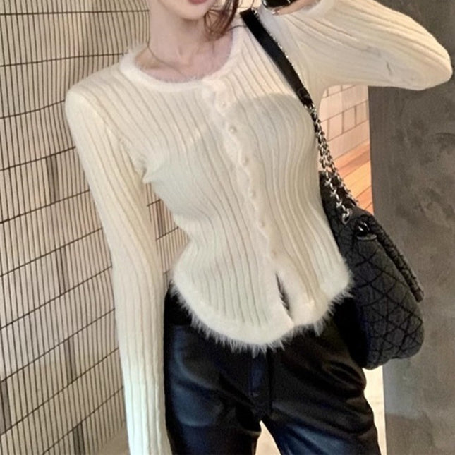 Women's Square Collar Stitching Edging Knitted Cardigan Autumn Winter Coat