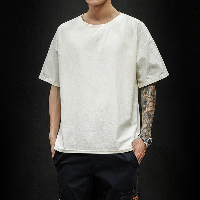 Japanese Large Size Cotton And Linen Solid Color Loose Short Sleeves