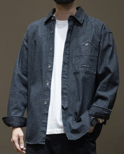 Japanese Style Stripe Denim Men's Long Sleeve Shirt