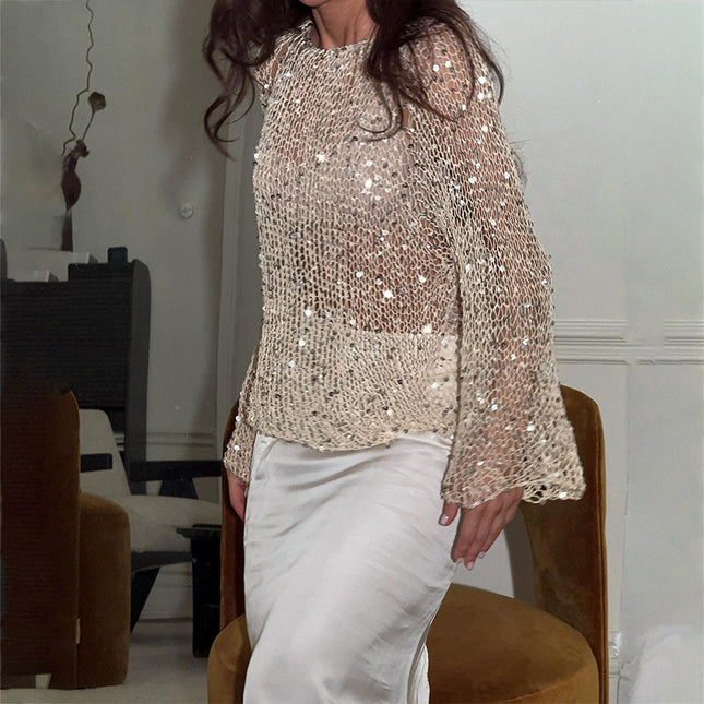 Sequined Hollow-out Long-sleeved Top Casual Style Loose Knitted
