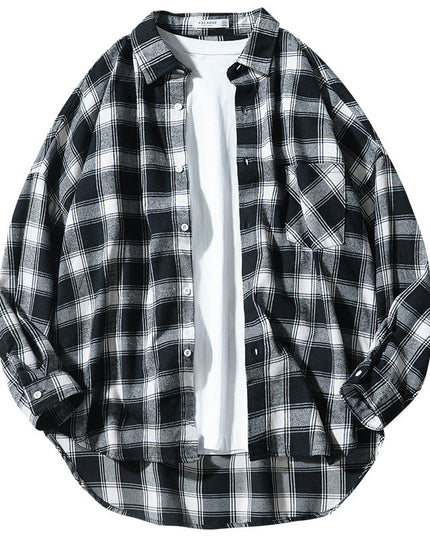 Japanese Style Plaid Long Sleeve Shirt Men Loose-fitting Workwear Jacket