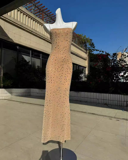 Elegant Nude & Black Sequin Spaghetti Strap Dress - High-End Luxury Slim Fit Long Dress For Parties, Birthdays & Special Occasions