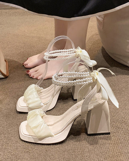 Medium Chunky Heel Crystal French Style Fairy Pearl Roman Sandals