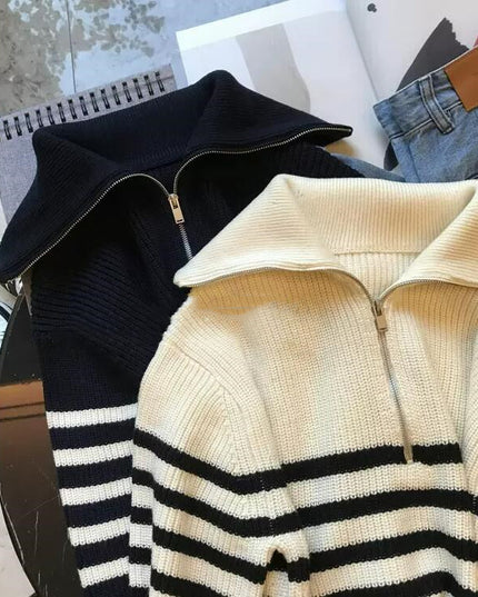 Lapel Half-open Zipper Contrast Color Striped Pullover Sweater