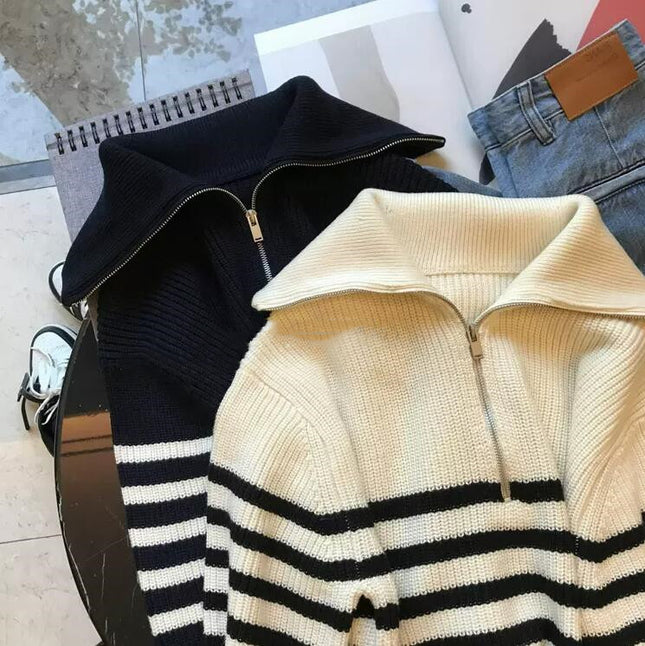 Lapel Half-open Zipper Contrast Color Striped Pullover Sweater