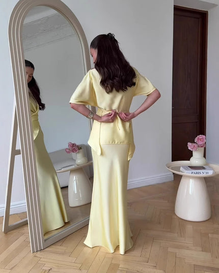 Short Sleeve Tied Top & Maxi Mid-length Dress Set