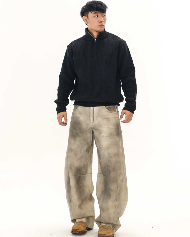 Thick Needle Wool Yarn American Retro Half Zipper Turtleneck Sweater Pullover For Men