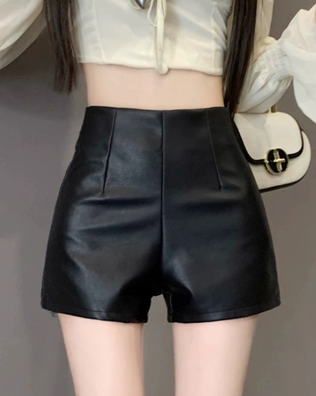 Women's High Waist Outer Wear Slimming PU Leather Shorts