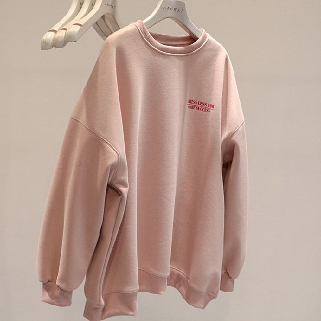 Fleece-lined Thick Lazy Round Neck Loose Sweatshirt Women