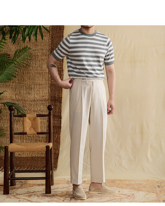Striped Navy-striped Shirt Breathable Tencel Cotton Round Neck Short Sleeve T-shirt