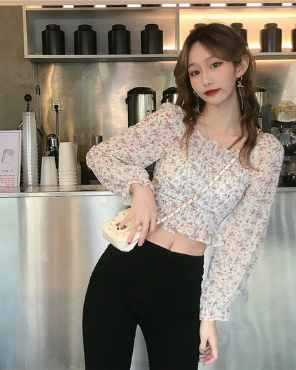 Summer Pleated Floral Print Chiffon Blouses Casual Puff