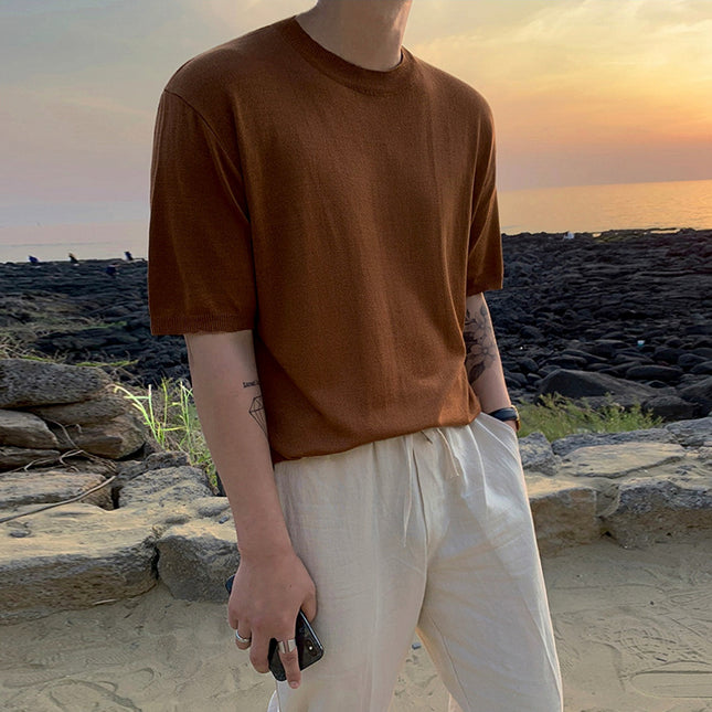 Ice Silk Knitted Short Sleeve T-shirt Men's Korean Style Sweater