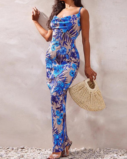 Printed Pleated Slim Fit Slimming Spaghetti Straps Maxi Dress