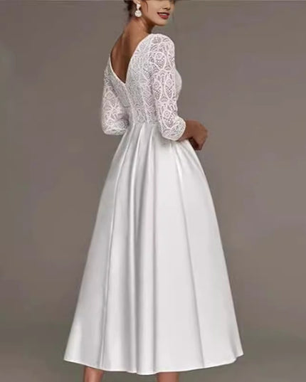 Bridal Deep V-neck Slim Lace Mid-length Long Sleeve Wedding Dress