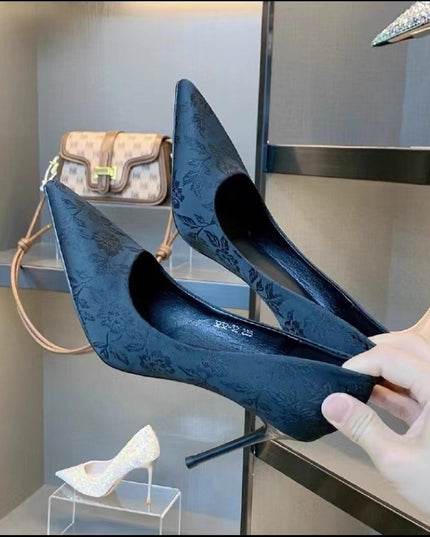Pointed Toe Chinese Style Embroidery Low-cut High Heels Women's Stiletto Heel