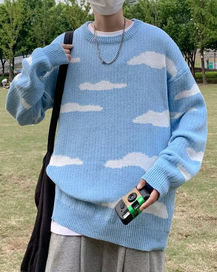 Vintage Blue Sky White Clouds Jacquard Loose-fitting Knitted Sweater