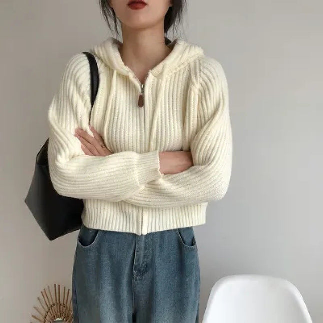 Korean Simple Short Hood Cardigan Wool Sunken Stripe