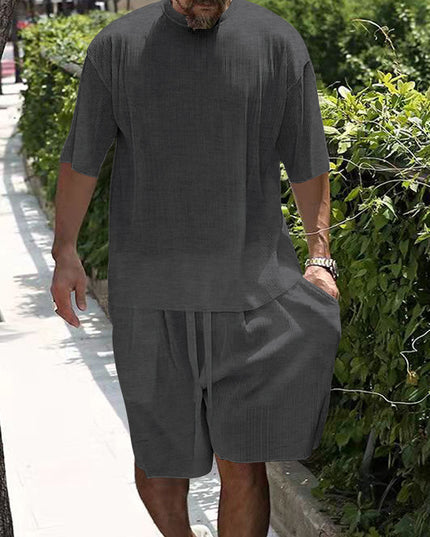 Ice Silk Sunken Stripe Loose Short Sleeve Shorts Men's Casual Suit