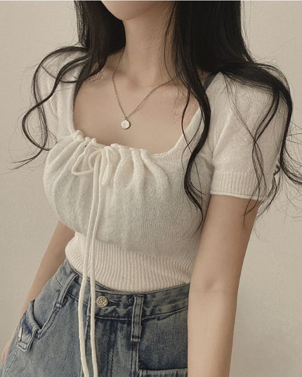 Square Collar Drawstring Short Knitwear Slim Top