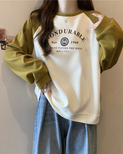 Contrast Color Raglan Long Sleeve Hooded Printed Women