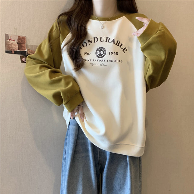 Contrast Color Raglan Long Sleeve Hooded Printed Women